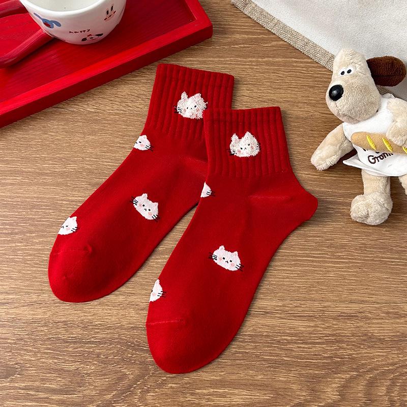 

Women s Cute Cartoon Kitten New Year Socks - Red Festive Good Luck for Year of the Horse & Weddings