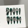 Handmade Press On Nails Long Stiletto Dark Green Luxury Heavy Duty Fake Women