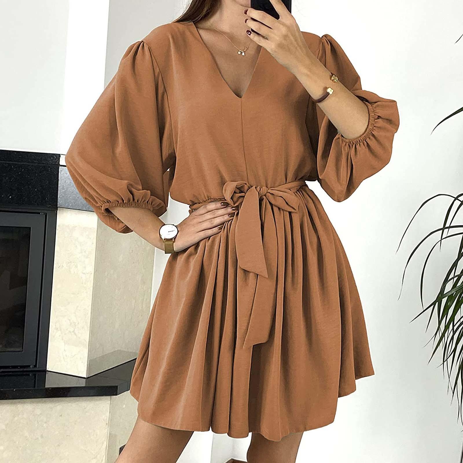 

Fashion Women s V-neck Straps Color Sexy Seven-point Sleeve Dress M
