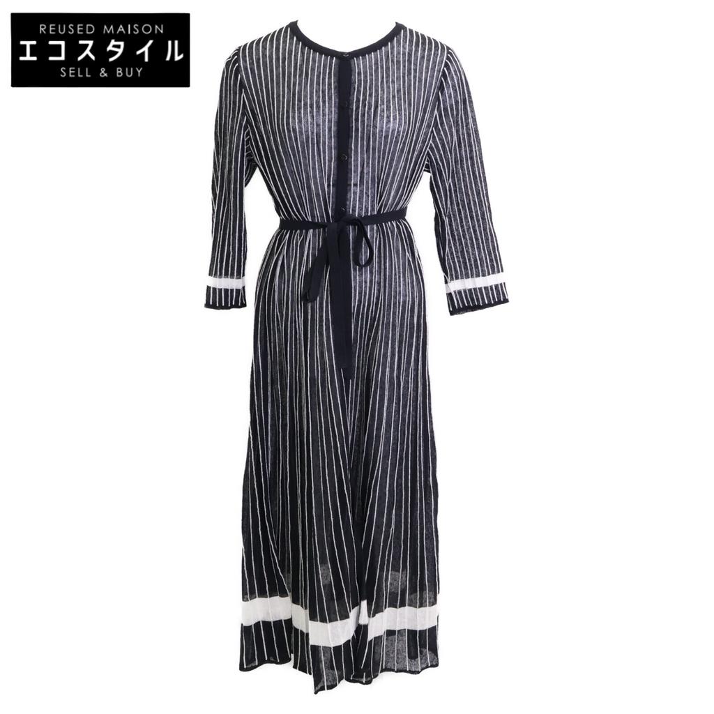 ANAYI White X Navy Striped Waist Ribbon Long Sleeve Dress Dress 38 Black White StripesUsed