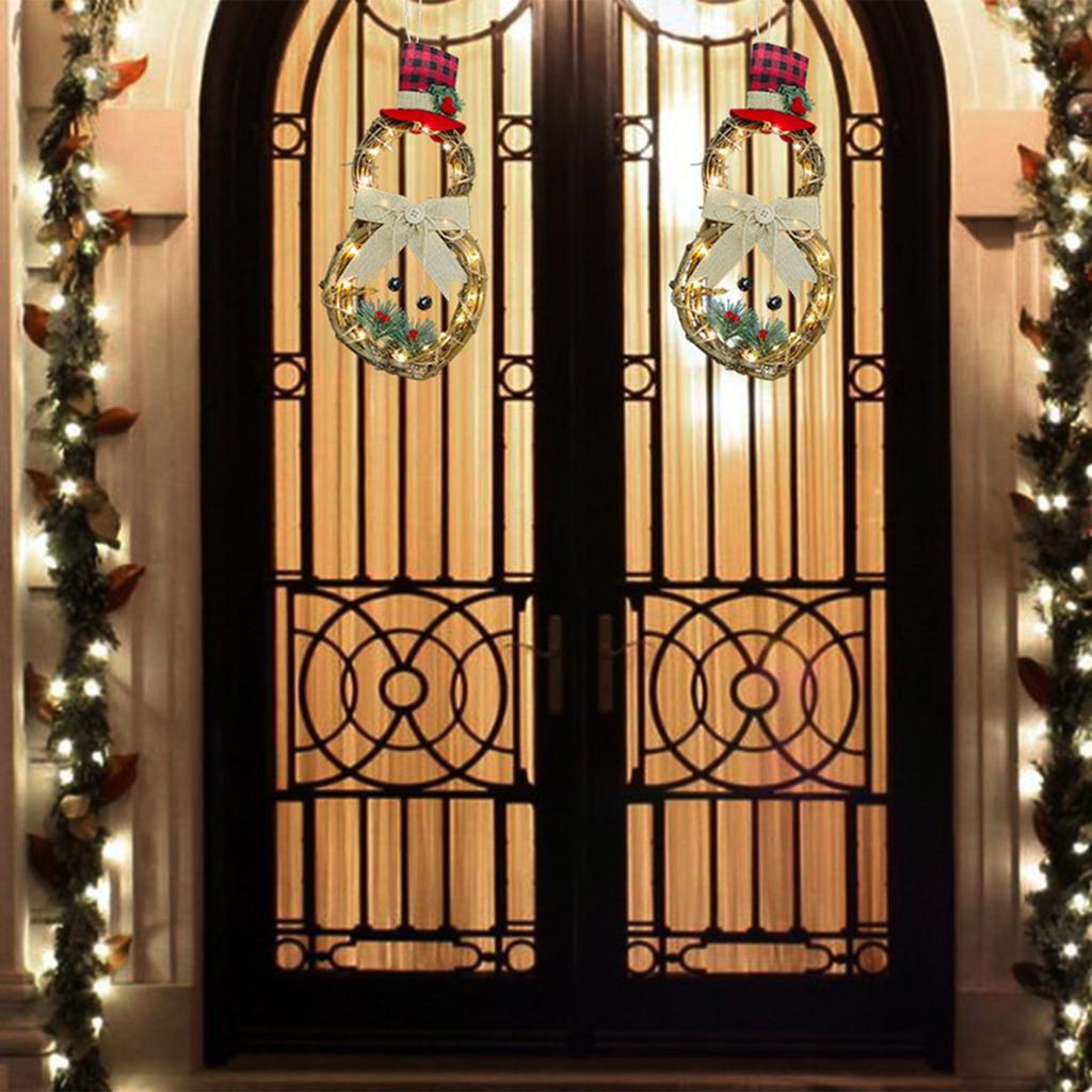 16 X 8 Inch Lighted Christmas Wreath Decoration, Grapevine Wreath With Hat And Bow Snowman Shape Wreath For Front Door Home Garden Wall Decor