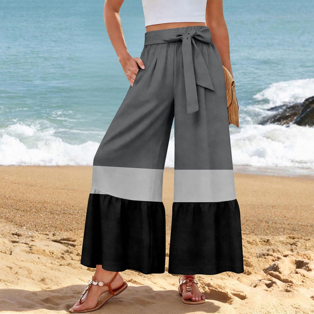 Pantalon décontracté large pour femme, Stretch, Taille haute, Ourlet à volants, Jambes larges, Ceinture, Et poches