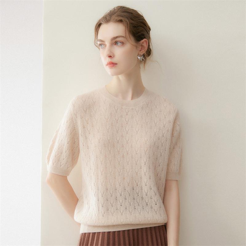Lekasha 100% Pure Cashmere Round Neck Hollow Knit Short Sleeve T-Shirt