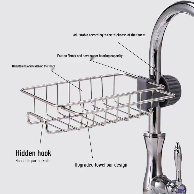 Punch-Free Stainless Steel Kitchen Sink Storage Rack for Sponge, Rag & Brush