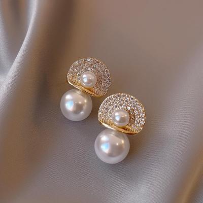 Brincos de Pérola com Diamantes Inteiros: Estilo Coreano de Alta Qualidade, Elegante e Versátil para Mulheres