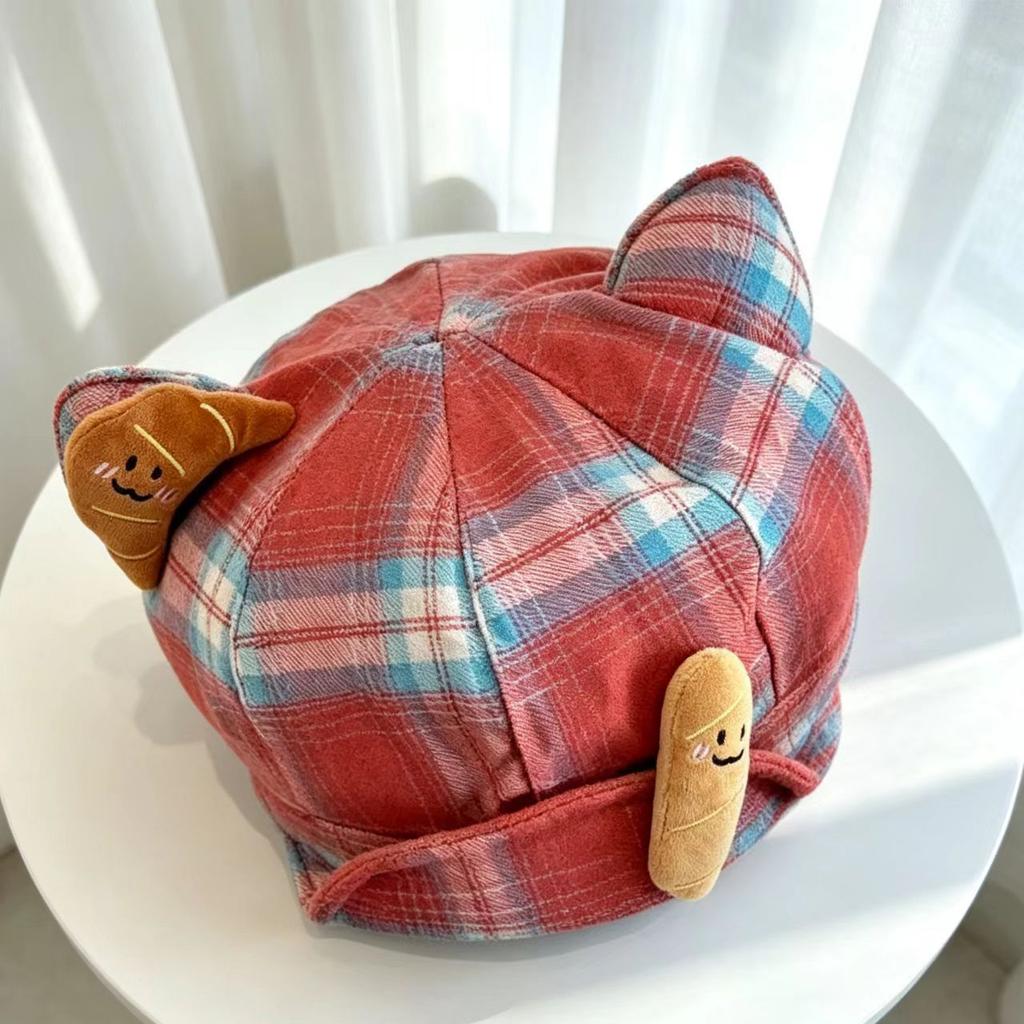 Cute Plaid Deer Ears Beret Female Autumn and Winter Face Small Octagonal Hat Big Head Circumference Painter Hat