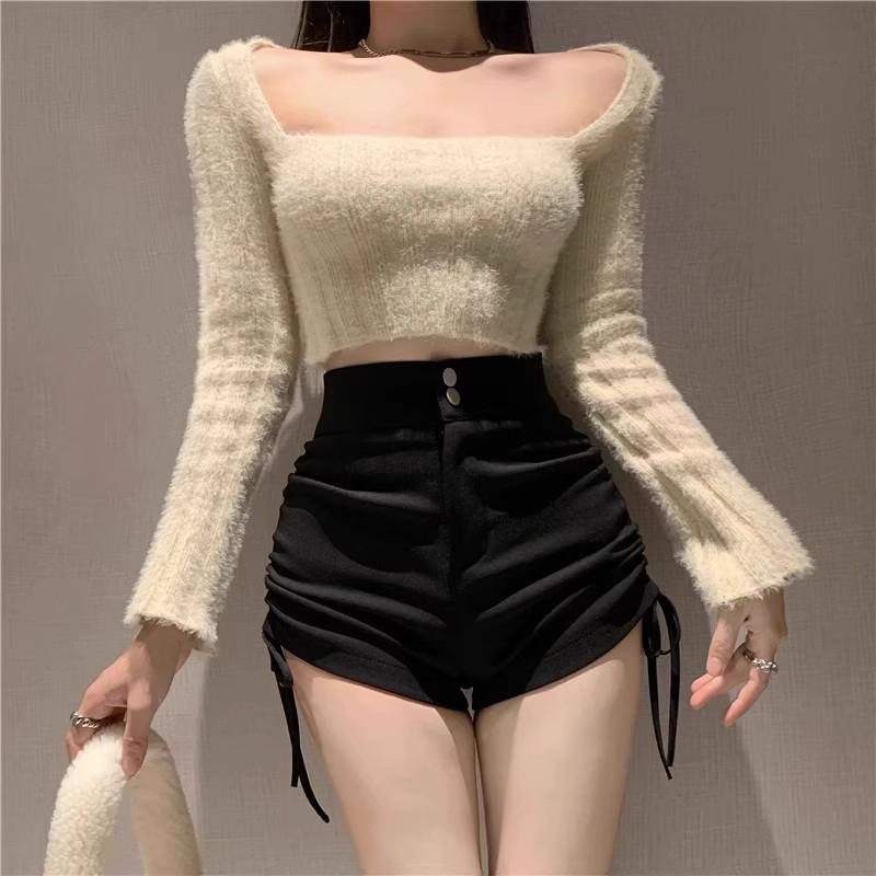 2024 Women's High-Waist Black Drawstring Shorts: Sexy, Versatile, and Trendy for Spring and Autumn