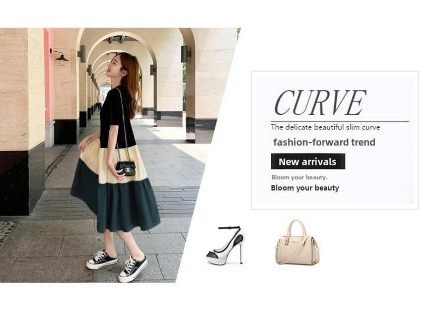 Maternity Summer A-line Knee-Length Dress with Contrast Color Splicing