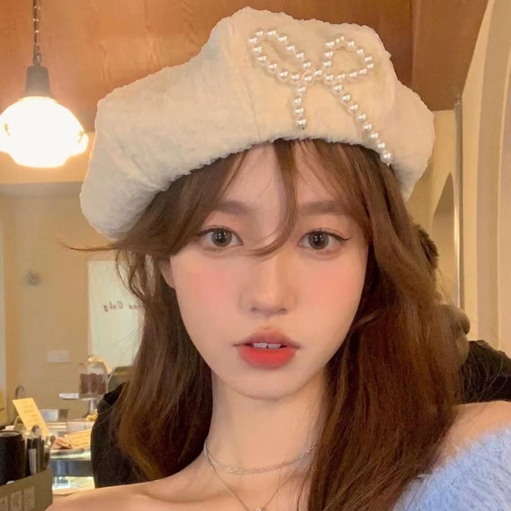 Y2K Lace Berets Cap Street Style Women Artist Hat Casual Pearls Bow Soft Hat  Girls