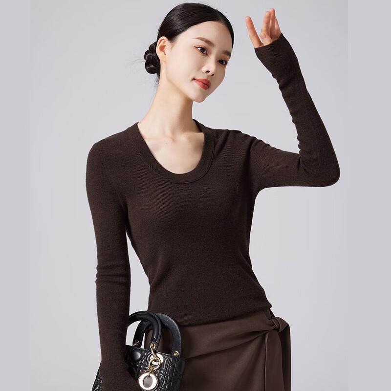 Fengxun Women's 100% Pure Wool Slim Fit Long Sleeve U-Neck Sweater