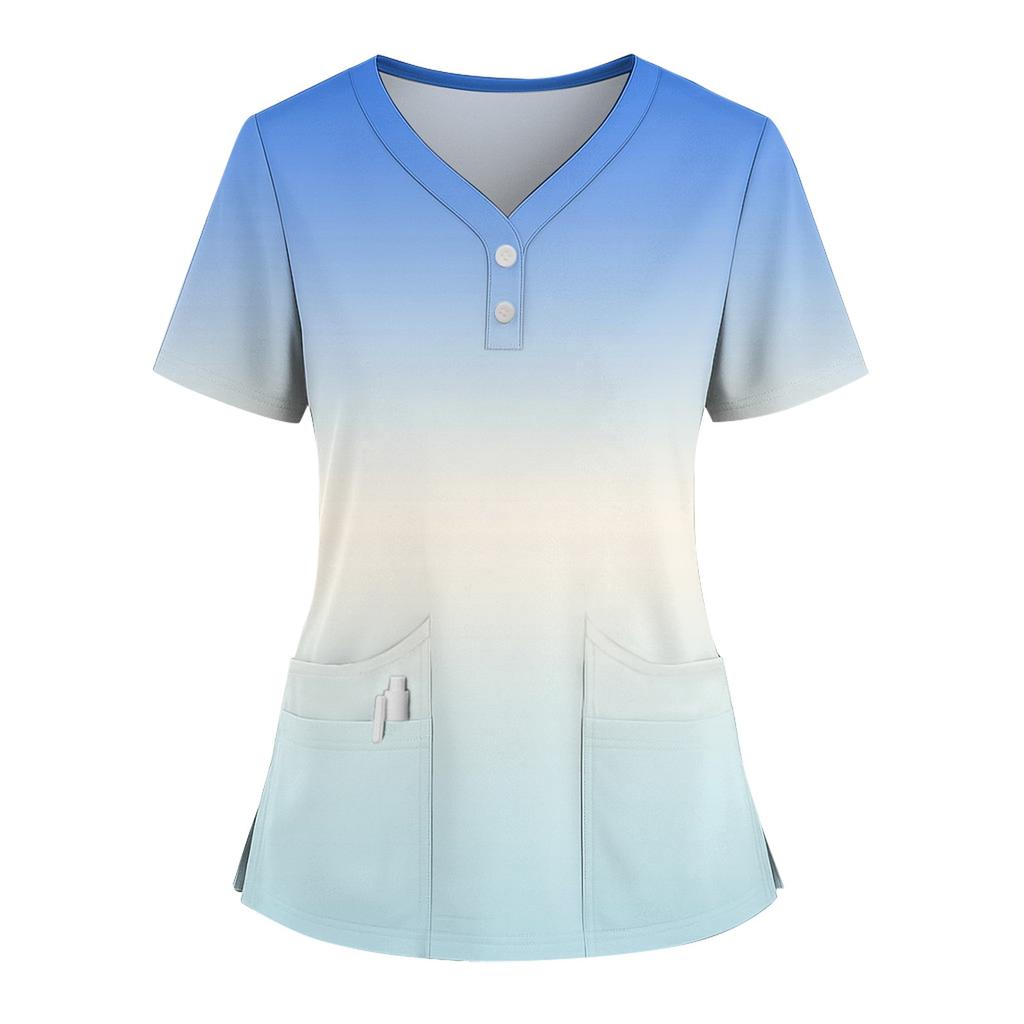 Women's Loose Short Sleeved Fashionable Square Printing V-neck Buttonable Side Slit Top T-shirt