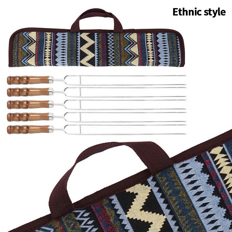 5Pcs Outdoor BBQ Grilled Fork Stainless Steel Signature Wooden Handle U-type Needle Picnic Barbecue Fork Rotisserie Long Skewers