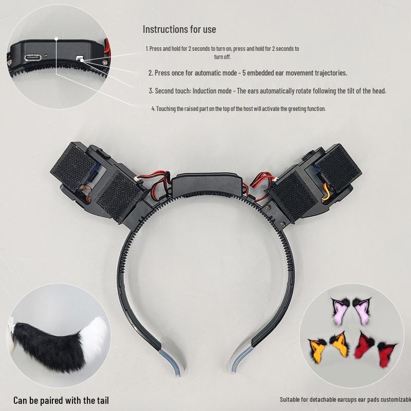 Gravity-Sensing Rechargeable Cat Ear Headband with Movable Fox Ears -