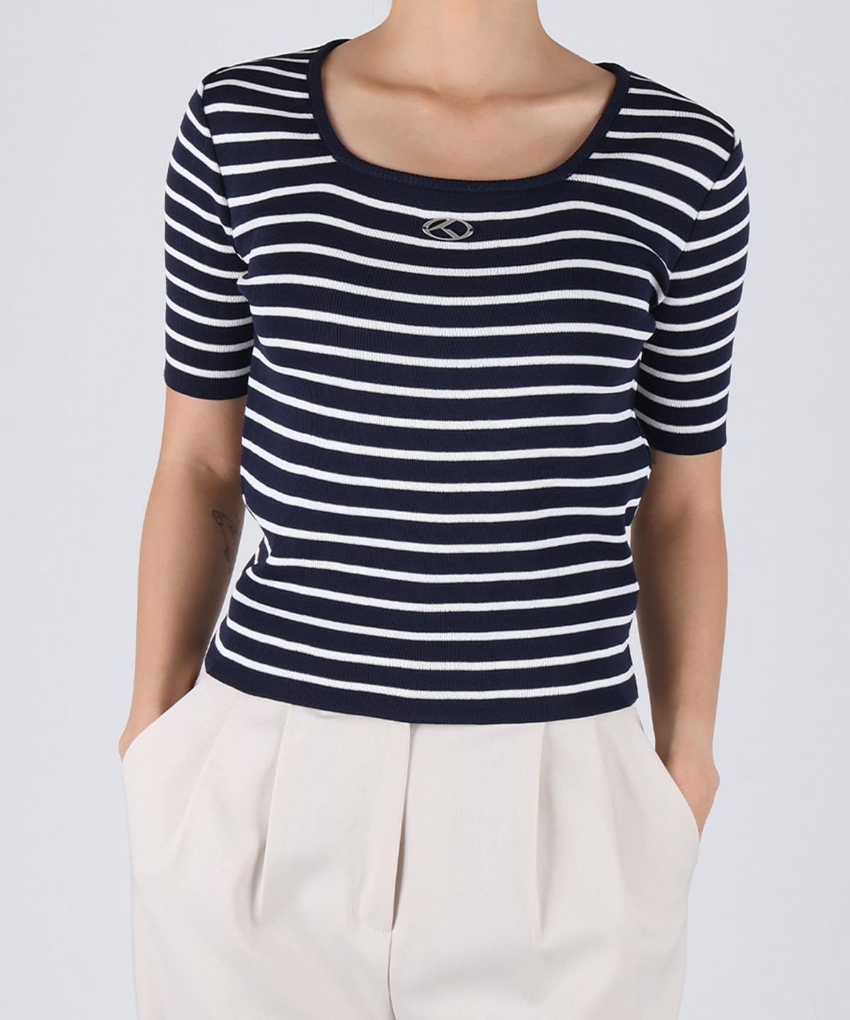 Poder Fit Logo Stripe Short Sleeve Knit_Navy Free (Ft40)