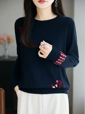 Women's 2025 Autumn Long Sleeve Fine Knit Crew Neck Crochet Puppy T-Shirt Pullover Sweater