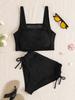 Solides Netz-Patch Hohe Taille Kordelzug Zweiteiliges Bikini-Set Bequem Elegant