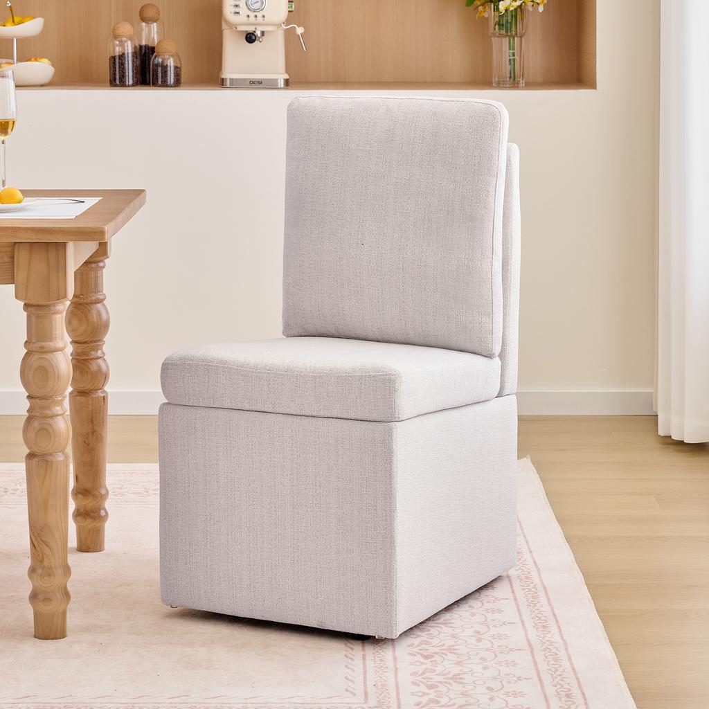 068-Multifunctional Dining Chair with Storage & Casters, Kitchen Chair without Armrests, 360 degrees Swivel, Chenille Cover Beige