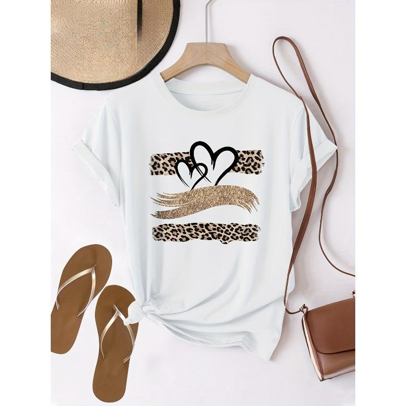 European sizes Short-Sleeved Round-Neck T-Shirt with Leopard Print Heart Pattern