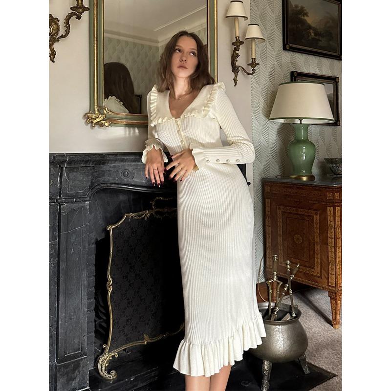 Vintage Women's Dress with Ruffle Edge Knitted Dress Autumn and Winter Wool Dress