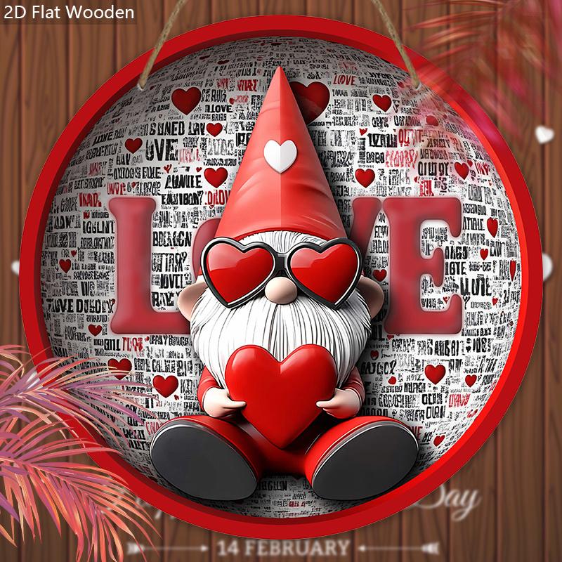 Whimsical Valentine'S Day Round Wooden Sign - Unique Gnome & Love Design, Multifunctional Outdoor Yard Sign for Home, Farm, Garden, Bar, Garage