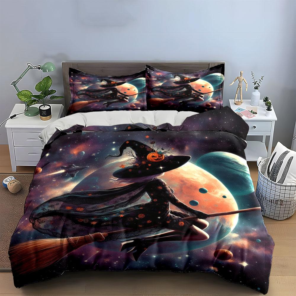 Space Witch Halloween Decor Set Bedding Set With 1 Duvet Cover 2 Pillowcases Single Double King Queen, Gift