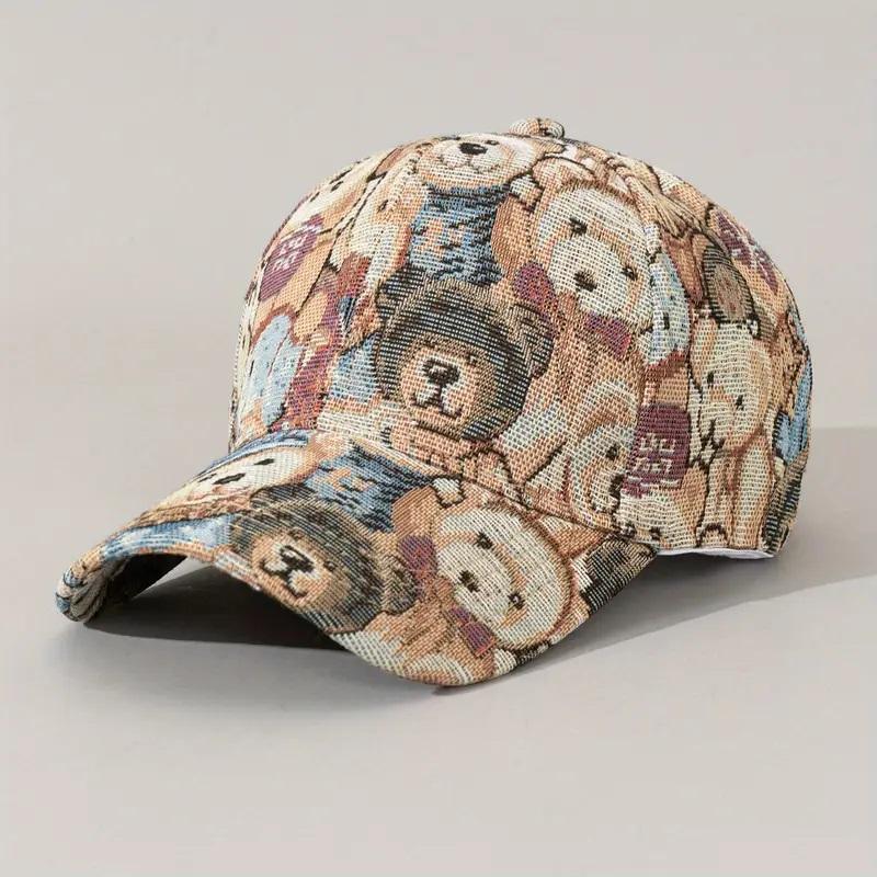 Trendy Cute Bear Print Hard Top Baseball Cap, Unisex Sun Protection Duckbill Cap, Daily Cotton Sport Cap