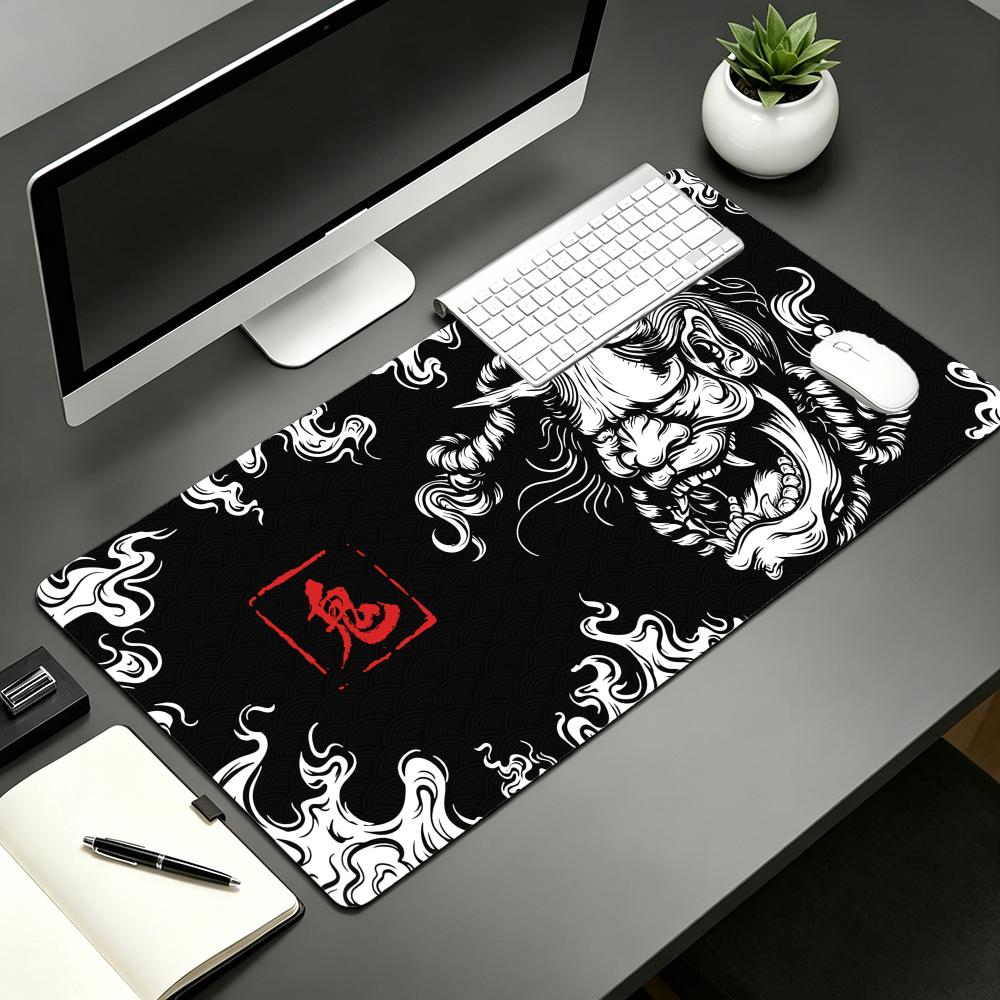 Japanese Hannya Demon Pattern XXL Gaming Mouse Pad Black White Style Non Slip Desk Mat Stitched Edge Desktop Keyboard Mat