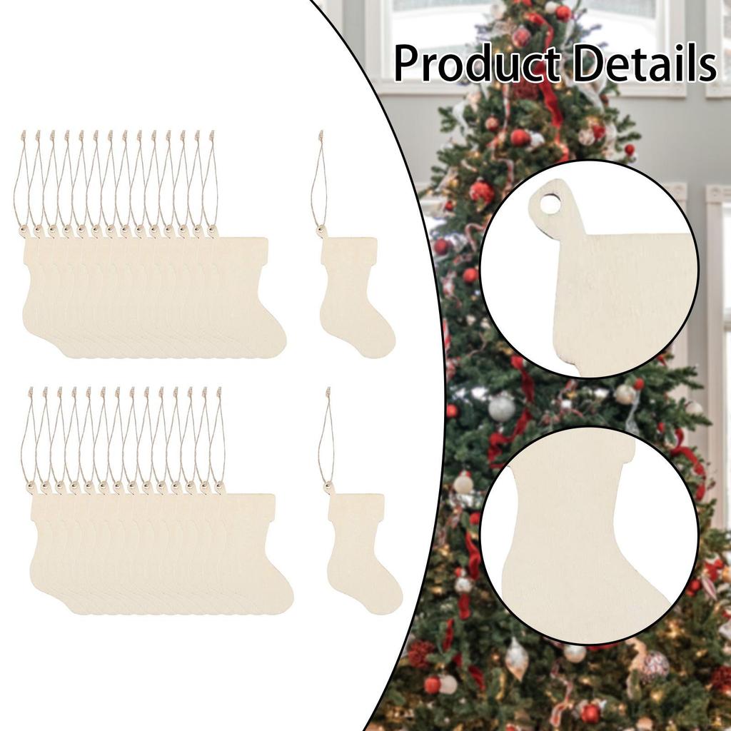 30x Christmas Stockings Wooden Cutouts Unfinished Blank Slices Pendants Ornaments for Crafts