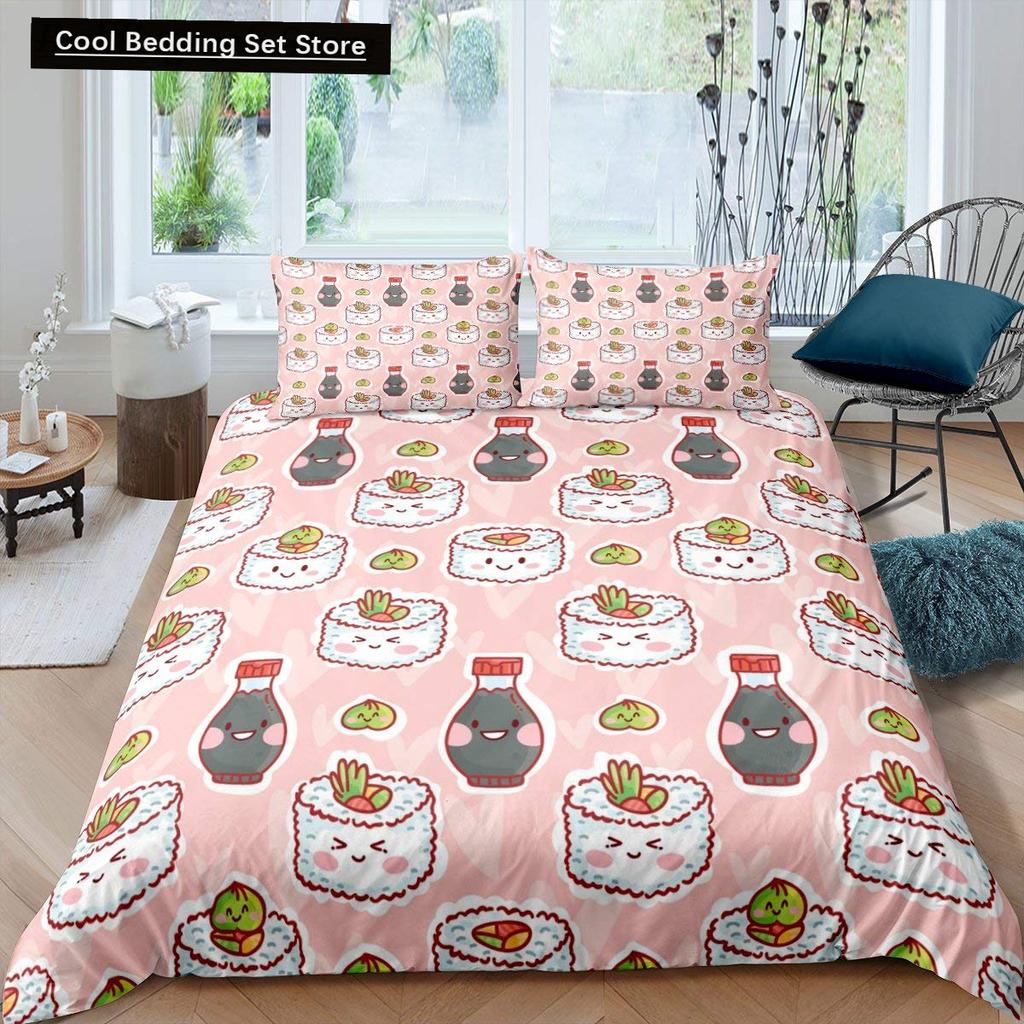 Japan Sushi Königin König Bettbezug Meeresleben Bettwäscheset Cartoon Japanisches Essen Bettdeckenbezug Bunt Polyester Bettdeckenbezug