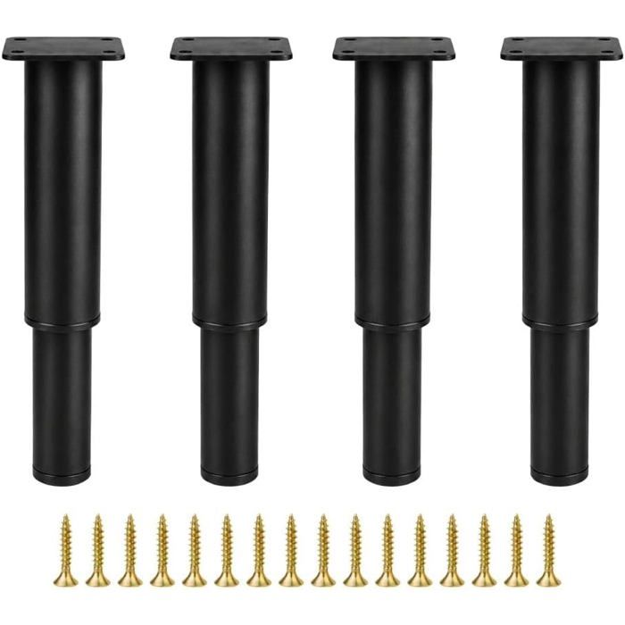 Set mit 4 verstellbaren Möbelfüßen aus Stahl 25-42cm, Schwarz, Stabile Befestigungsplatte, Anti-Rutsch-Kappen