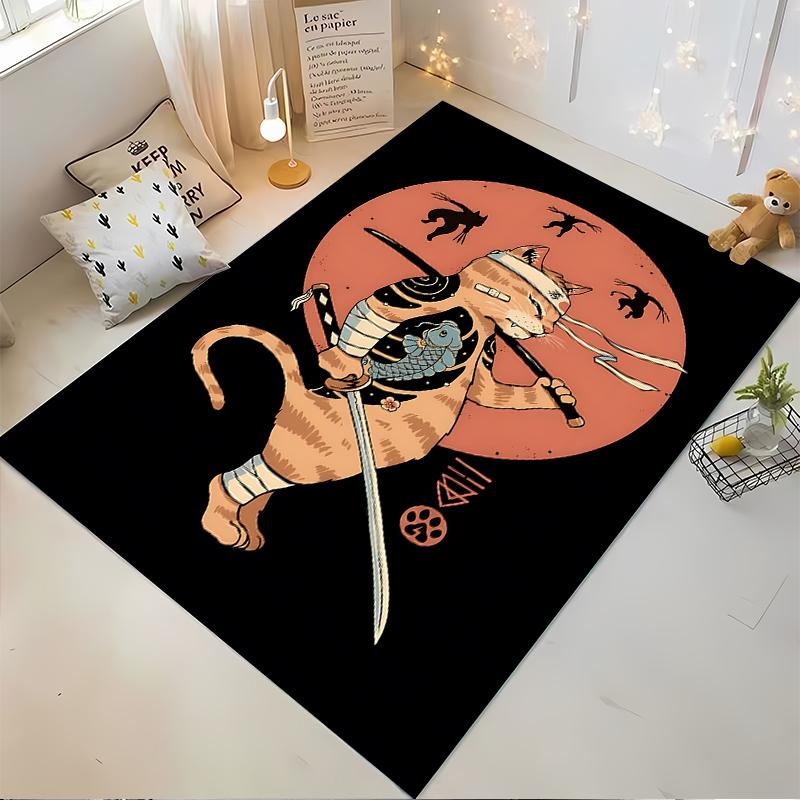 Cartoon Cat Ninja Samurai Carpet with Sword and Orange Moon Scene Suitable for use as an anti-slip for living room bedroom sofas