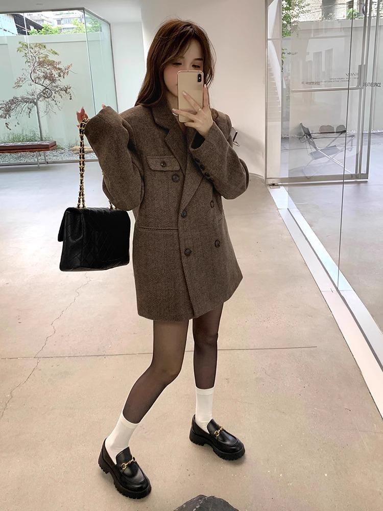New Korean Chic Elegant Reversible Cashmere Coat Women Autumn Winter Loose Woolen Blazer Jackets Short Streetwear Clothes
