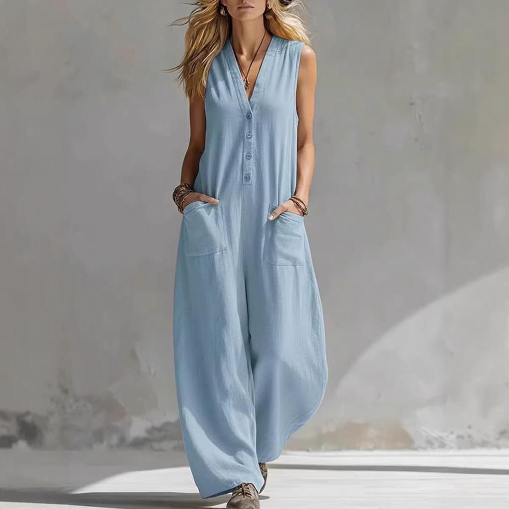 2026 European & American Style Dual Pocket Sleeveless Linen-Cotton Jumpsuit
