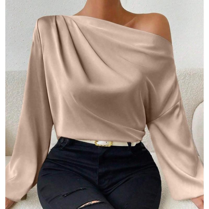 Móda Nové Asymetrické Volné Svetry a Topy s Dlouhým Rukávem Dámské Elegantní Šikmý Límec Sexy Jednobarevné Ležérní Halenky Dámské Plisované Vintage Košile 26396