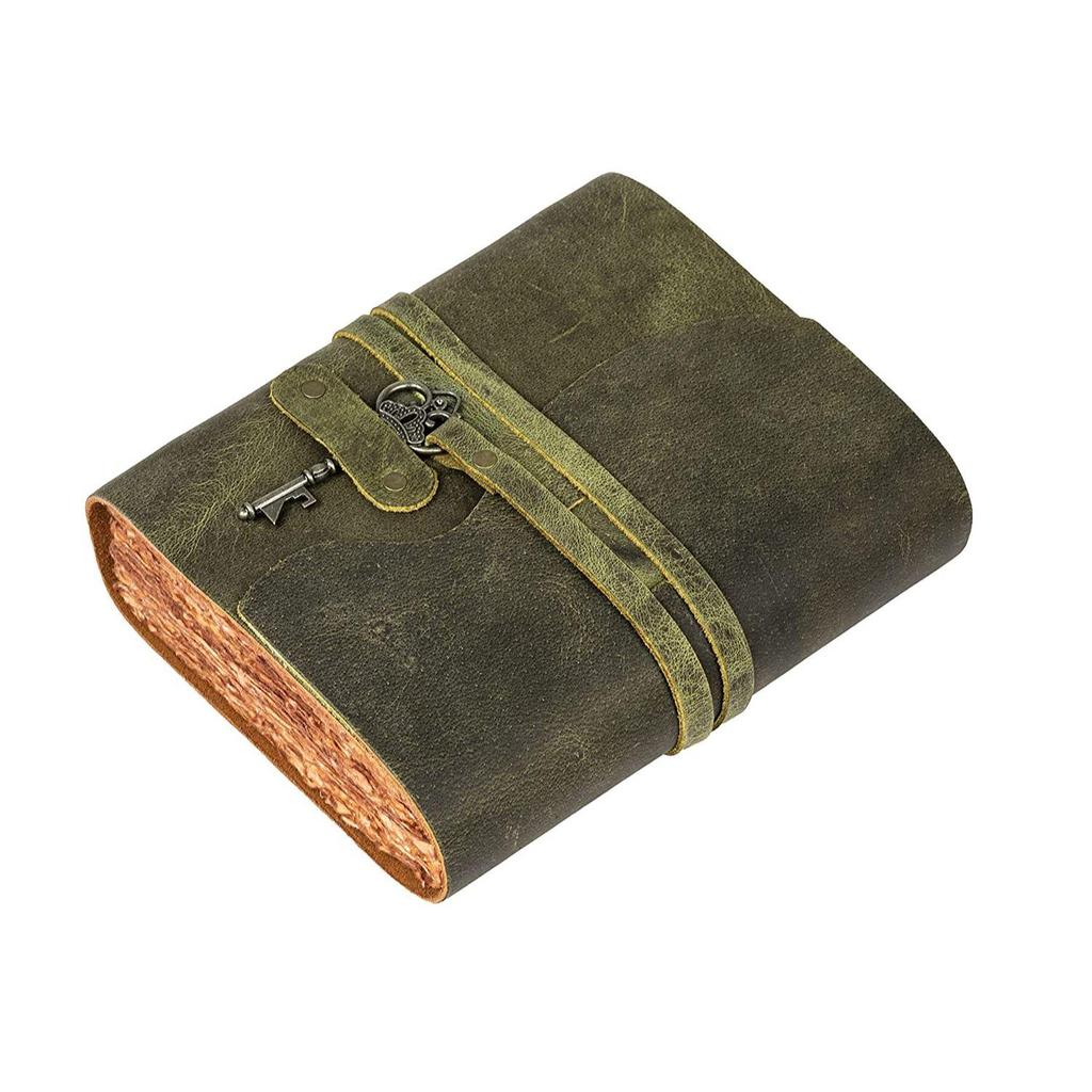Handmade Vintage Leather Diary -Vintage Handmade Pages - Antique Key Closure - Green Color. Size 6x4 Inches