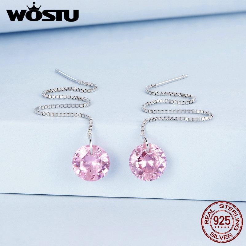 WOSTU 925 Sterling Silver Pink Blue Clear CZ Long Tassel Link Earrings Drop Dangle Ear Stud Earring for Women Wedding Party Gift