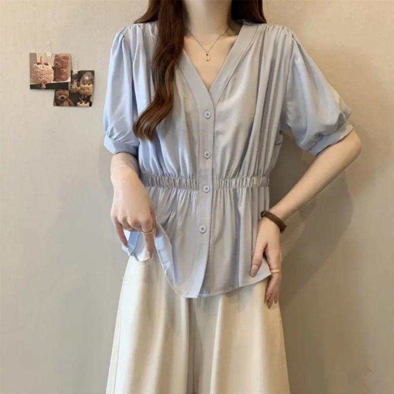 Women Light Blue V Neck Puff Sleeve Elastic Waist Peplum Button Down Casual Blouse