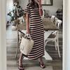 Women's Short-sleeved V-neck Loose Slit Striped Long Dress