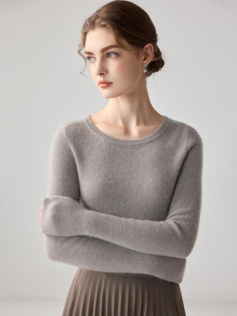 Women's 100% Pure Cashmere Round Neck Minimalist Sweater - Soft, Skin-Friendly, Slim-Fit Pullover Knitwear.