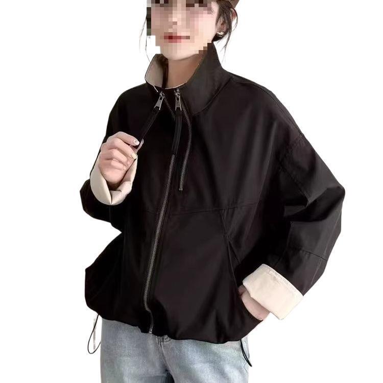 European Style Stand Collar Double Zipper Women's Color Block Jacket - 2025 Spring Casual Loose Fit