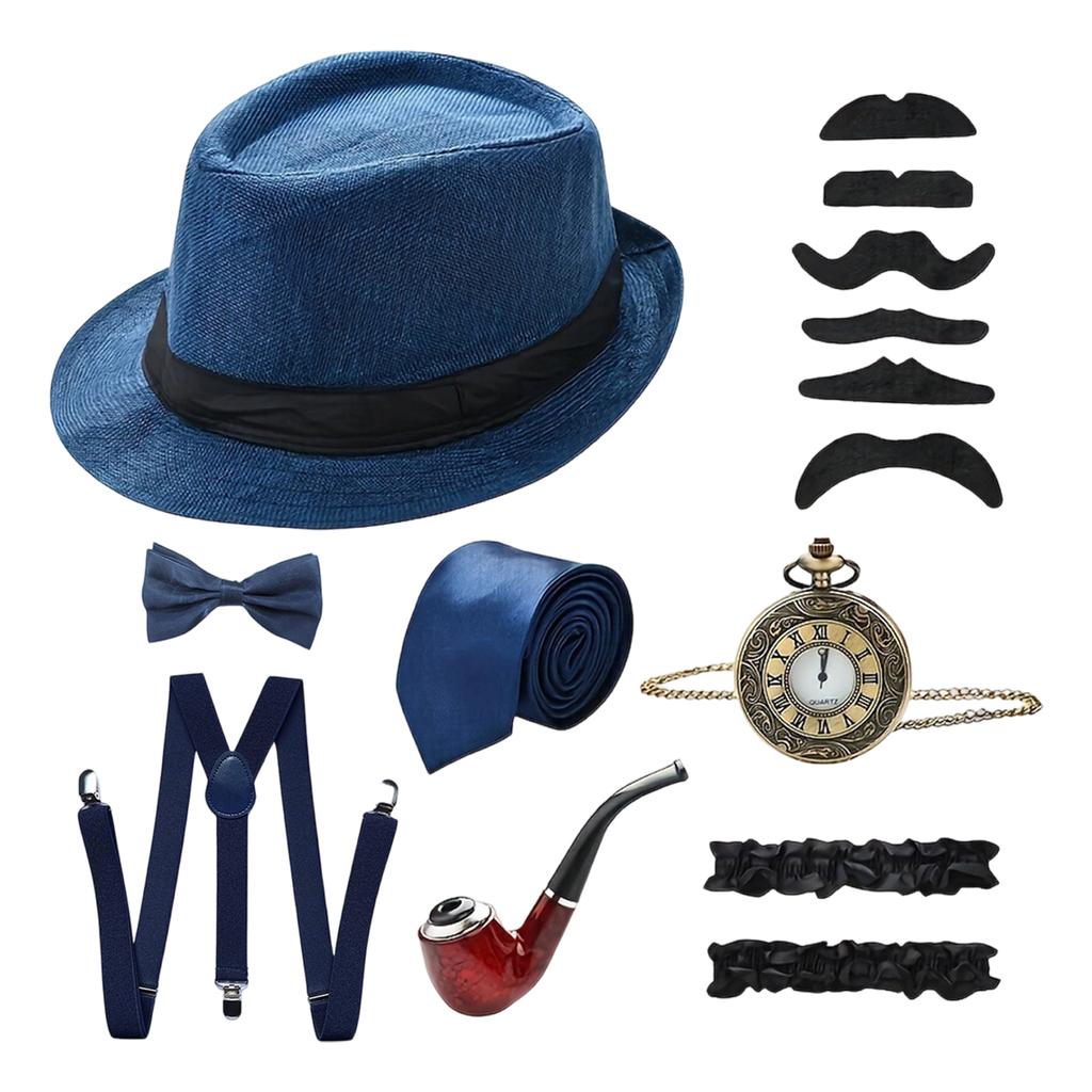 1920s Vintage Men Accessories Set Fedora Hat Suspenders Bow Tie Pocket Watch Smoking Pipe Mustache Stickers for Party Costume