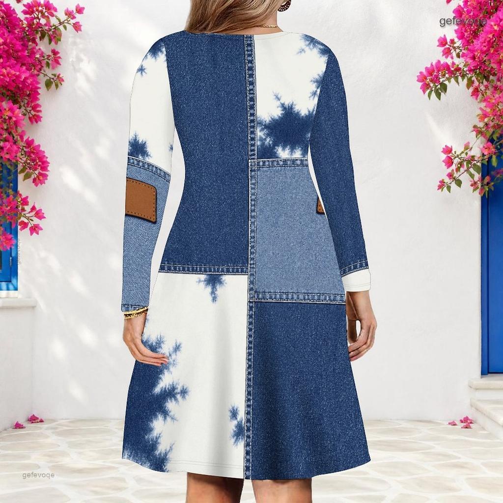 Damen Übergröße V-Ausschnitt Langarm Batik Druck Blau Weiß A-Linien-Kleid