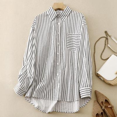 Spring Autumn Single Pocket Vertical Striped Shirt for Women Vintage Korean Blouse Simple Loose Long Sleeve Shirts