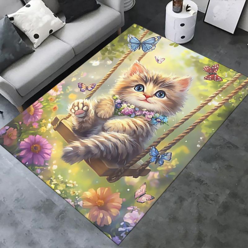 Office Carpet Cute Kitten Swing with Flowers and Butterflies Perfect for Sofa Protection Und