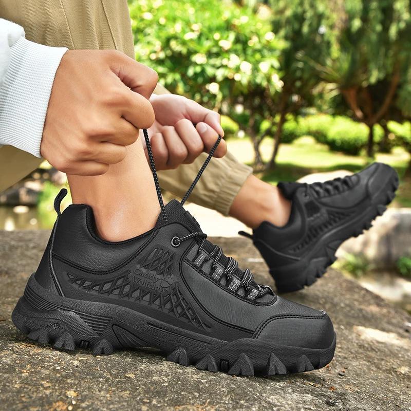 men Leather Hiking Shoes lace up Durable Outdoor Sport Men Trekking Leather Shoes fashion Climbing Hunting Sneakers big size 48