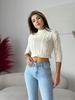 Modny ciepły sweter damski krótki crop półgolf damski warkocze ecru l