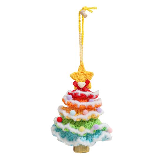 Knitted Christmas Tree Ornament Multi-Layered Mini Crochet Christmas Tree Hanging Decoration with Bell And Star Top Colorful Small Xmas Tree