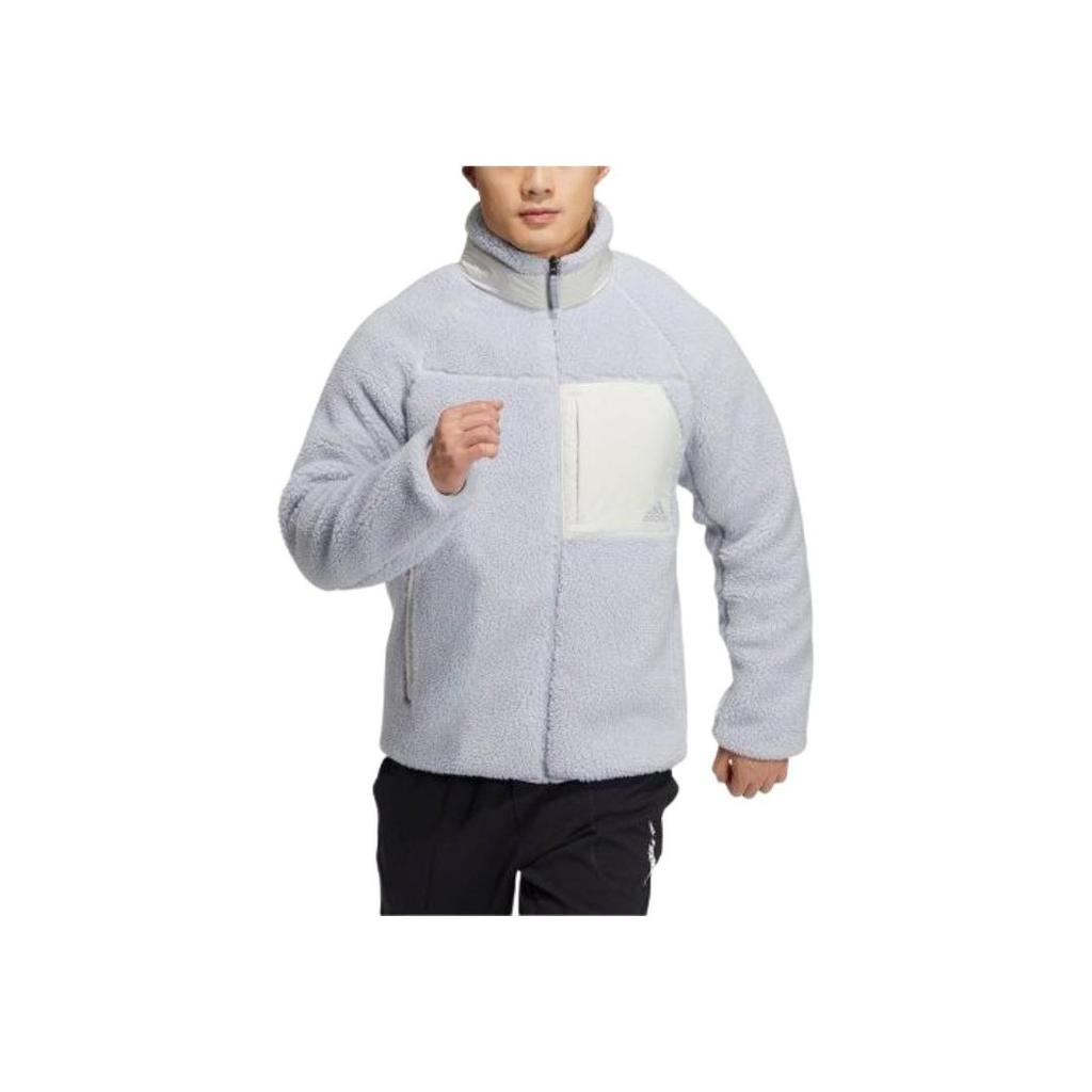 Adidas FW22 Logo Print Sherpa Reversible Warm Stand Collar Long Sleeve Cotton Jacket Men Tops Blue HN2078