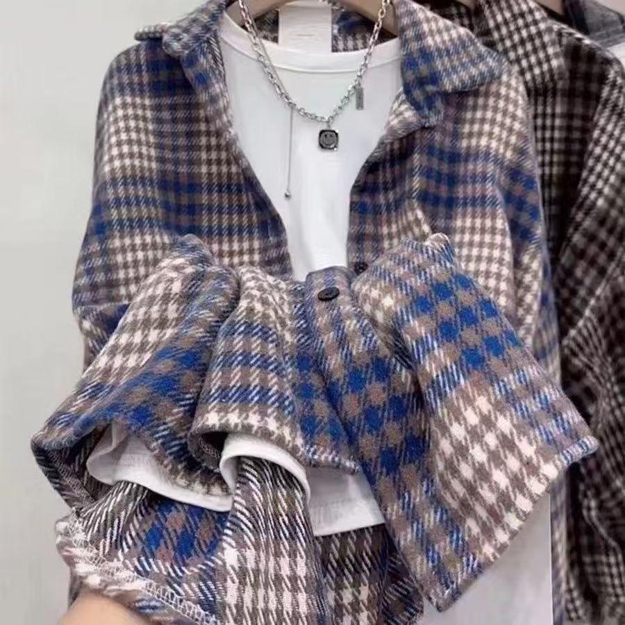 Women's Oversized Mid-Length Plaid Wool Shirt Jacket - Hong Kong Style, Autumn/Spring Trend
