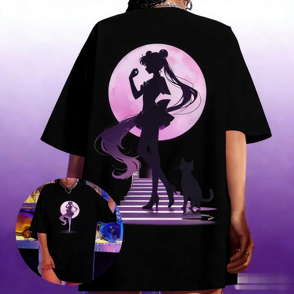 Summer 2026 Sailor Moon Hare Silhouette Under The Moon Street Trend 100 Cotton Print Loose Tshirt Malefemale Top Y2k